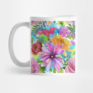 Tropical flowers watercolor print. Hibiscus, Peony, Star Magnolia, Chrysanthemum flowers. Colorful summer jungle Mug